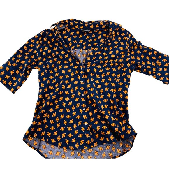 7th Avenue NY & Company Button Down Blouse Blue Yellow Bee Print Career sz Small - Picture 1 of 5